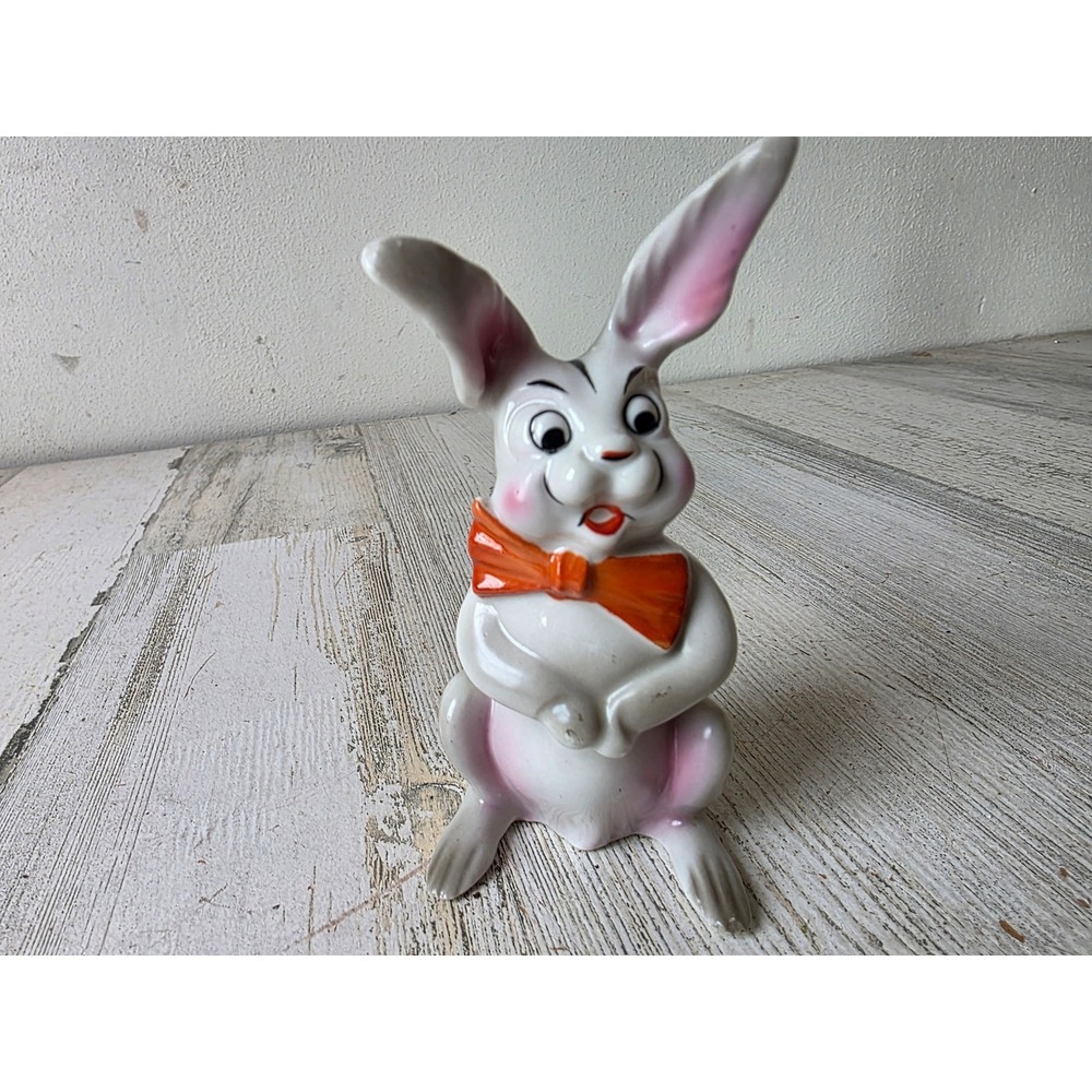 Vintage porcelain foreign rabbit bunny statue figuring Easter decor bow tie